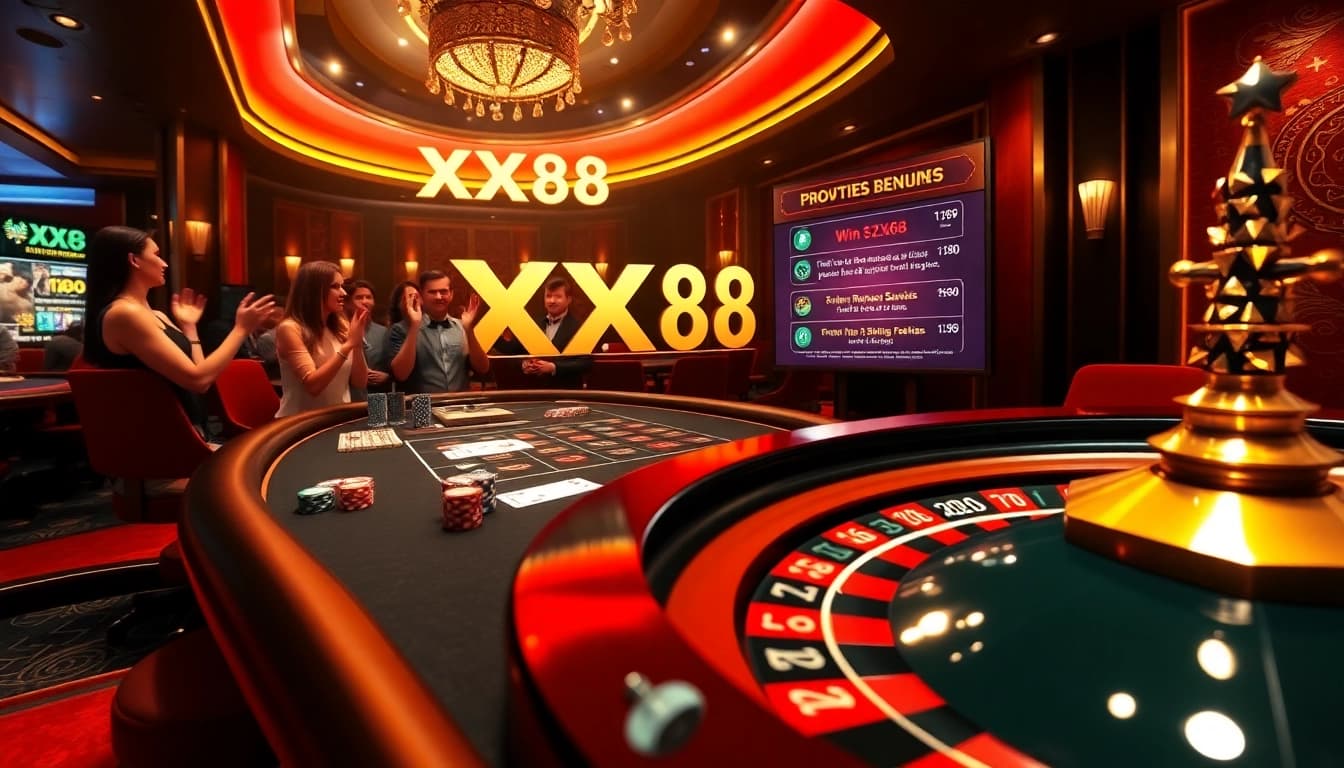 Players enjoying the excitement of XX88 at a luxurious casino table with vibrant chips and cards.