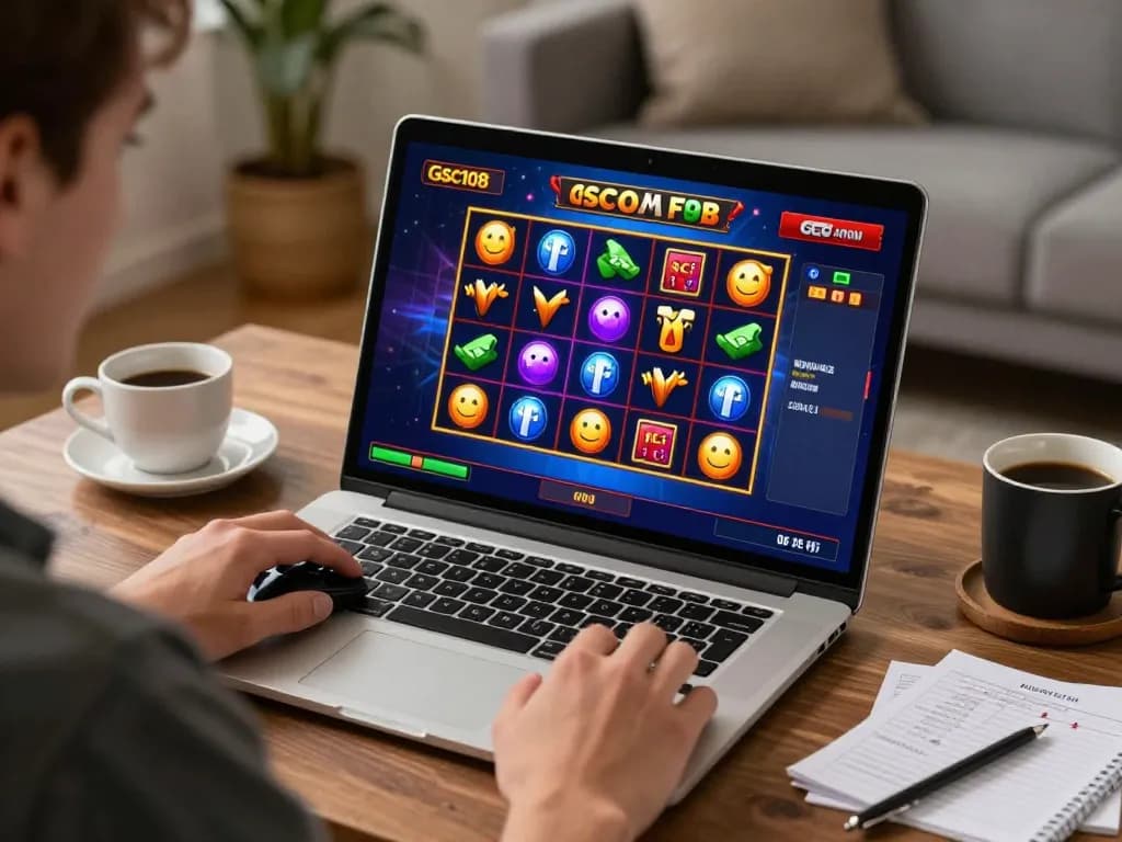 Player engaged in Gsc108 online slot games at home, showcasing colorful game interface and cozy setting.