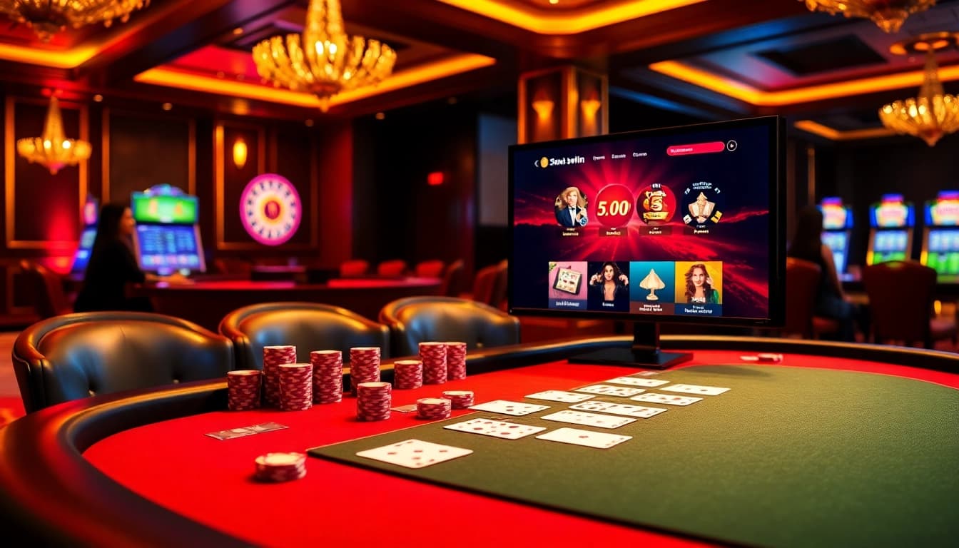 Experience the excitement of nhà cái sunwin with a luxurious casino scene featuring poker tables and vibrant game elements.