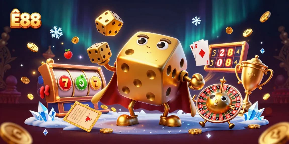 Ê88 showcases a vibrant 3D casino scene with golden dice and dynamic slot elements, perfect for engaging players.