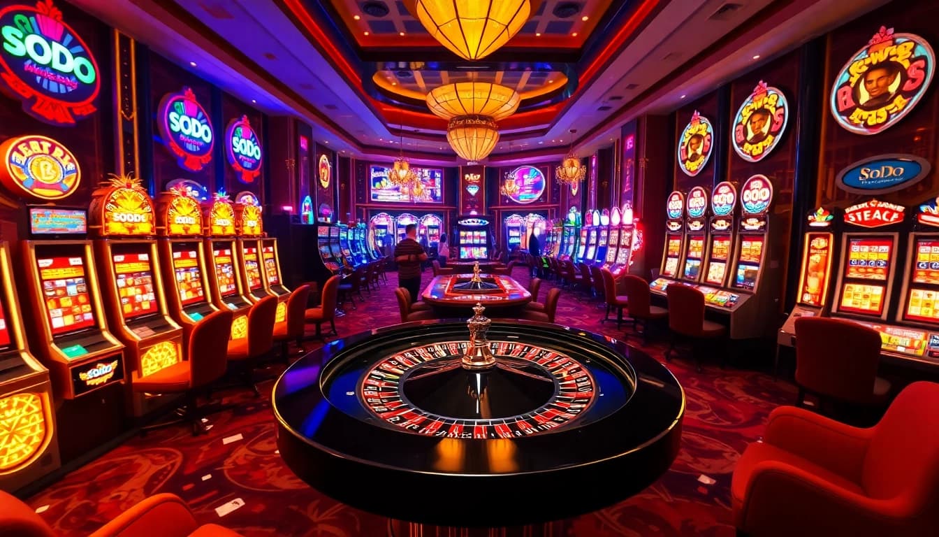 SODO casino players enjoy an exciting game of roulette with vibrant slot machines in the background.