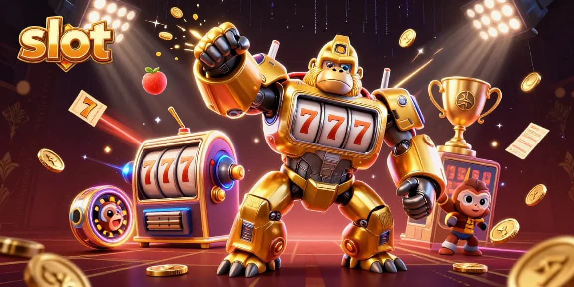Menangkan slot dengan gorila emas dan mesin slot, menembakkan koin dalam suasana kasino yang meriah.