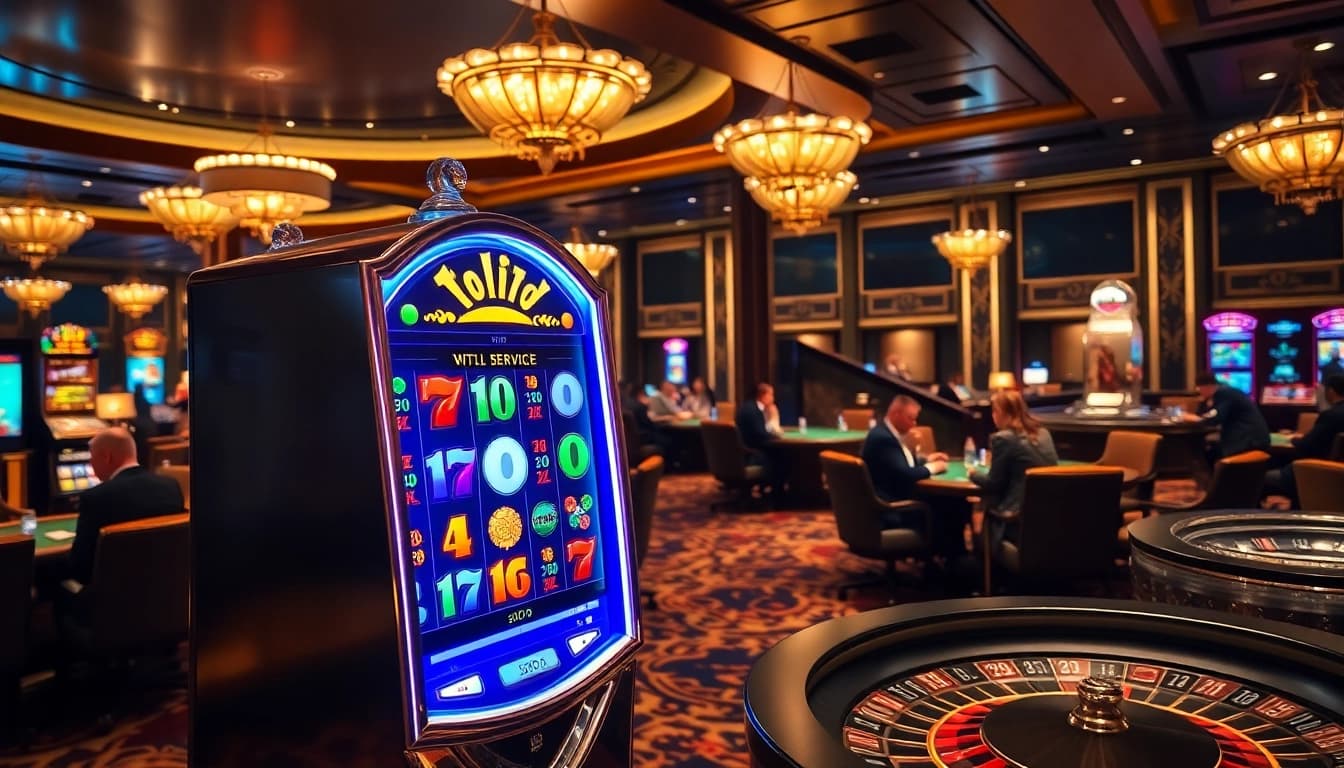 Mesin slot Toto menarik pemain dengan lampu terang dan warna-warna cerah di setting kasino mewah.