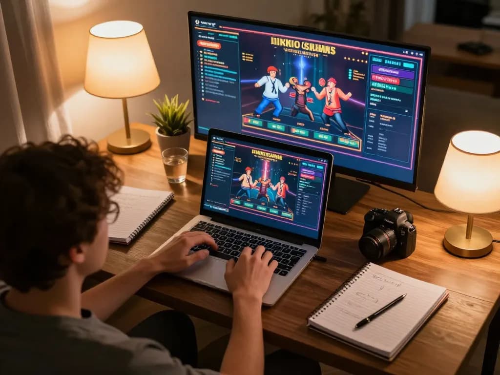 Engaging online gaming scene showing a player using laptop for nhacaiuytin, surrounded by gaming notes and warm lighting.