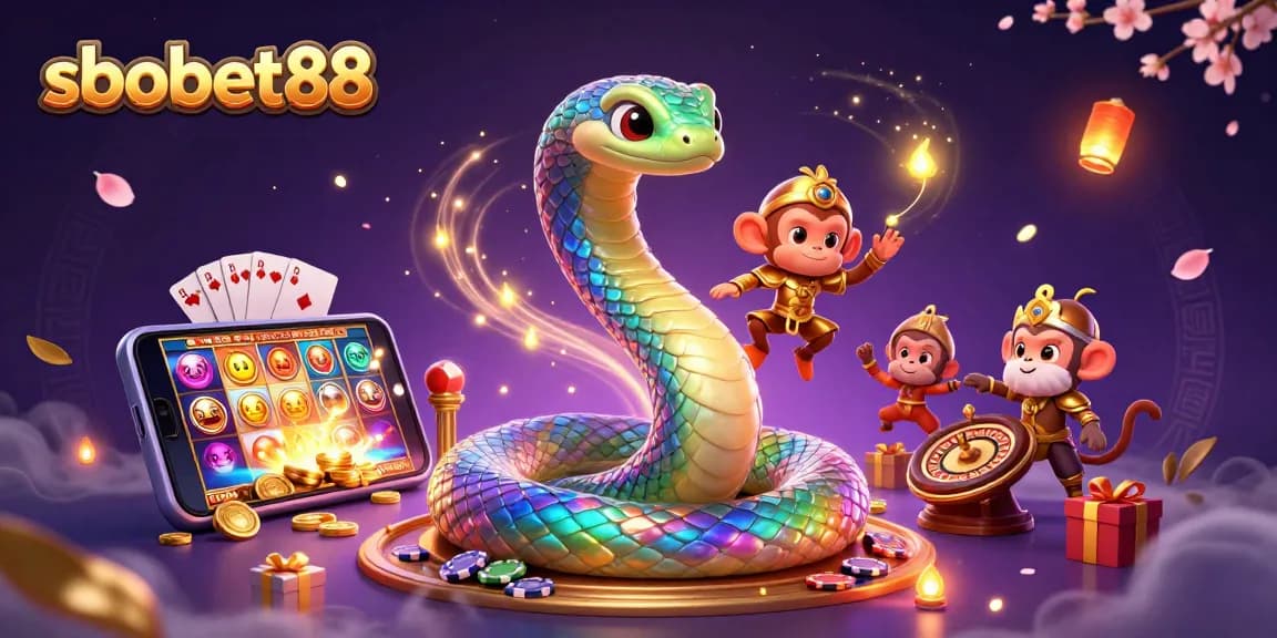 Engage in thrilling action with sbobet88 as a vibrant rainbow serpent and golden monkey king join the casino excitement.