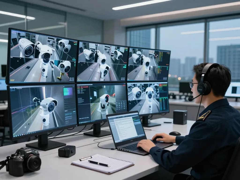 Technician monitoring HD4D surveillance cameras in a modern control room.