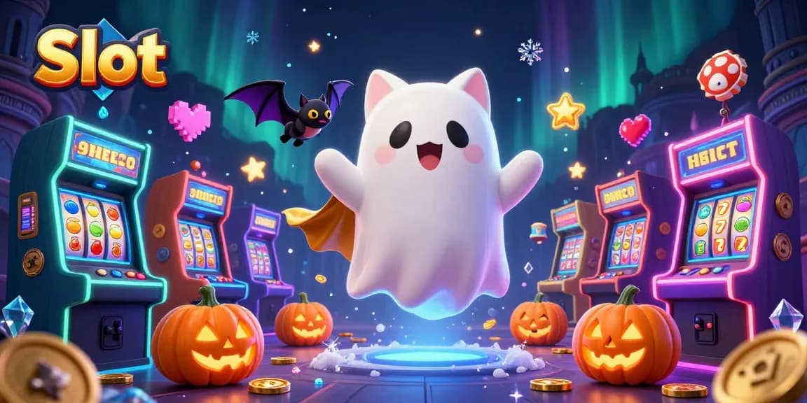Spin the reels of Slot machines with a ghost cat and bat in a haunted casino scene.