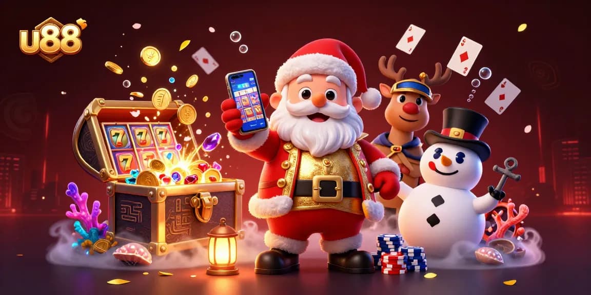 Spin to win at u88 with our vibrant casino scene featuring Santa, a reindeer dealer, and a poker snowman.