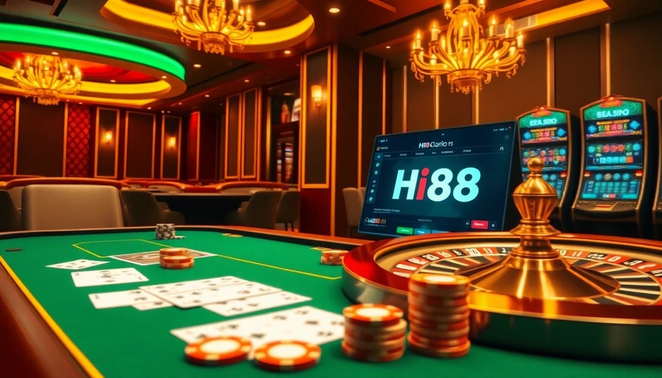 Exciting gambling action at Hi88 casino tables with poker chips and roulette wheel.