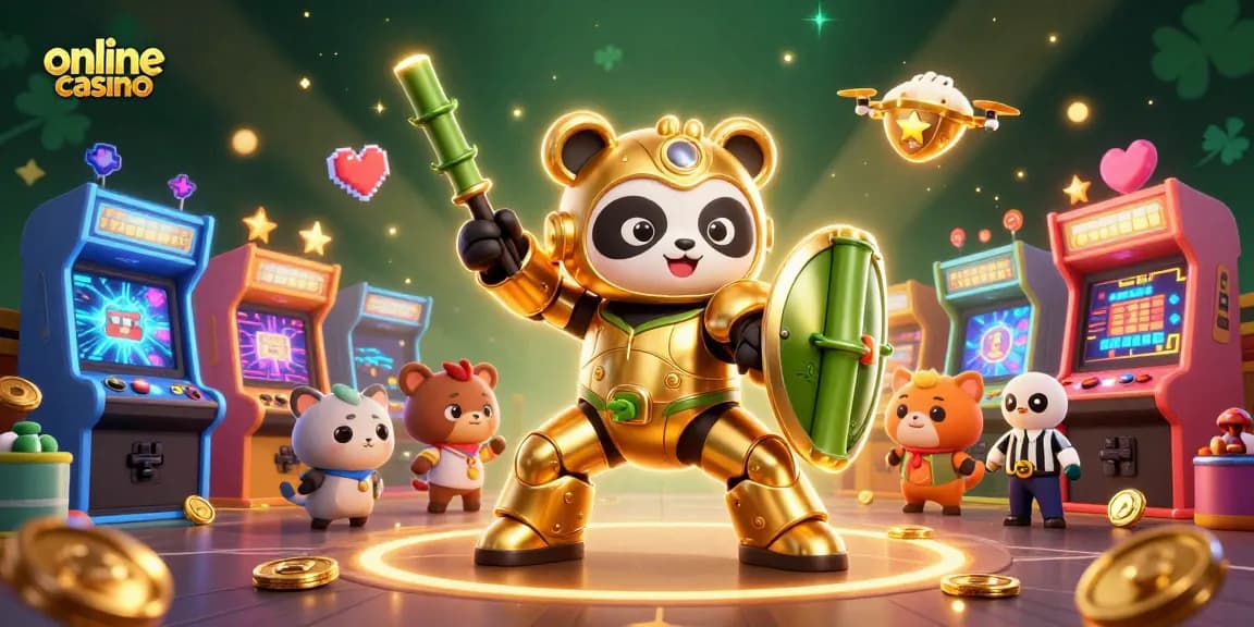 Engage in the excitement of online casino games with cheerful characters and vibrant casino elements.