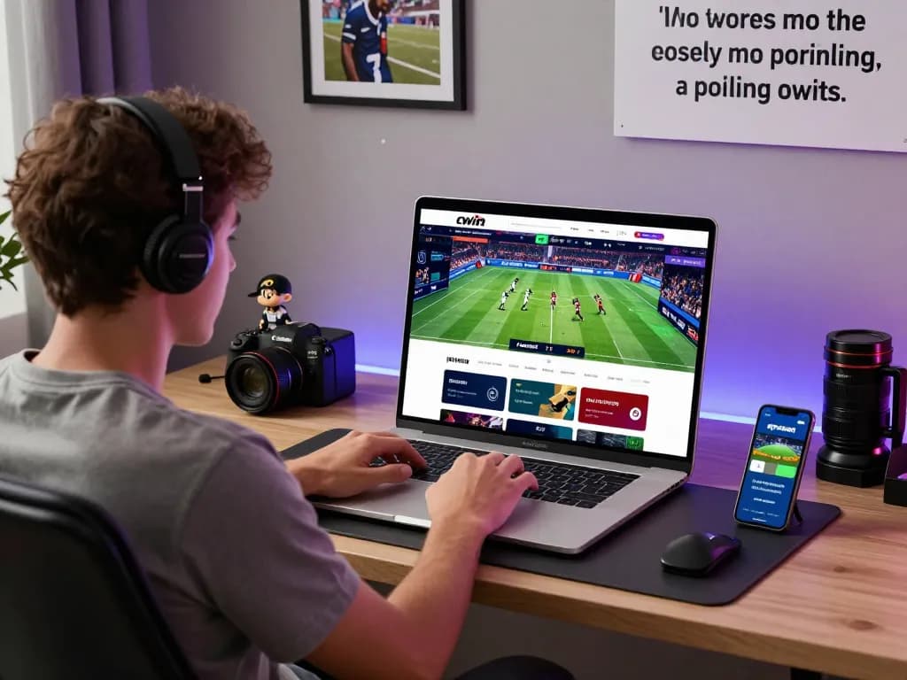 User exploring the trang chủ cwin online betting platform with dynamic sports events in a modern home office setting.