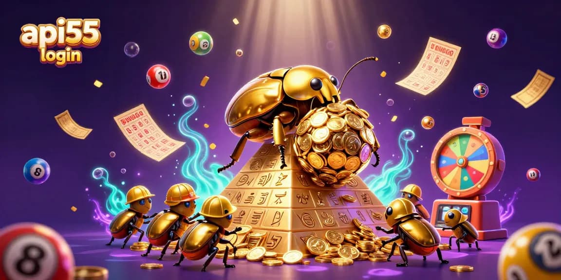 Experience the excitement of api55 login with vibrant casino symbols and golden treasures.