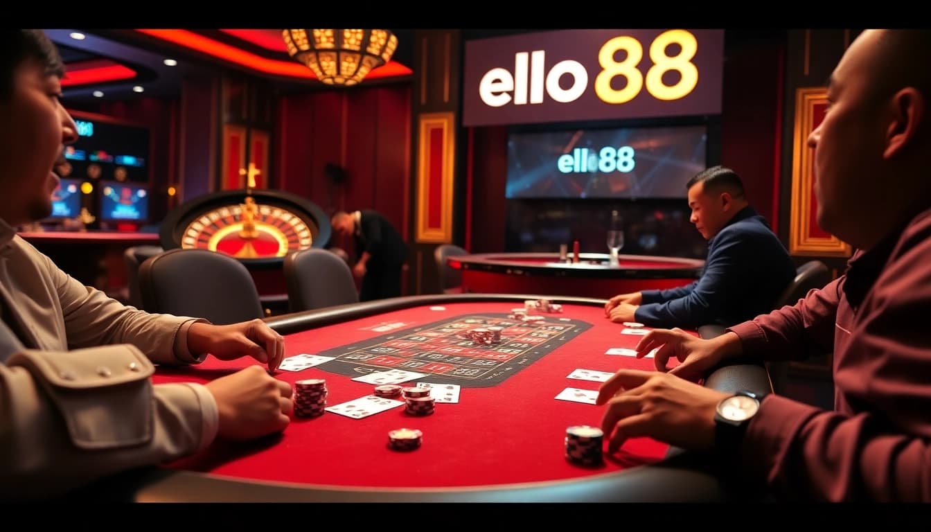 Hello88 players strategize at a luxurious poker table surrounded by vibrant casino elements.