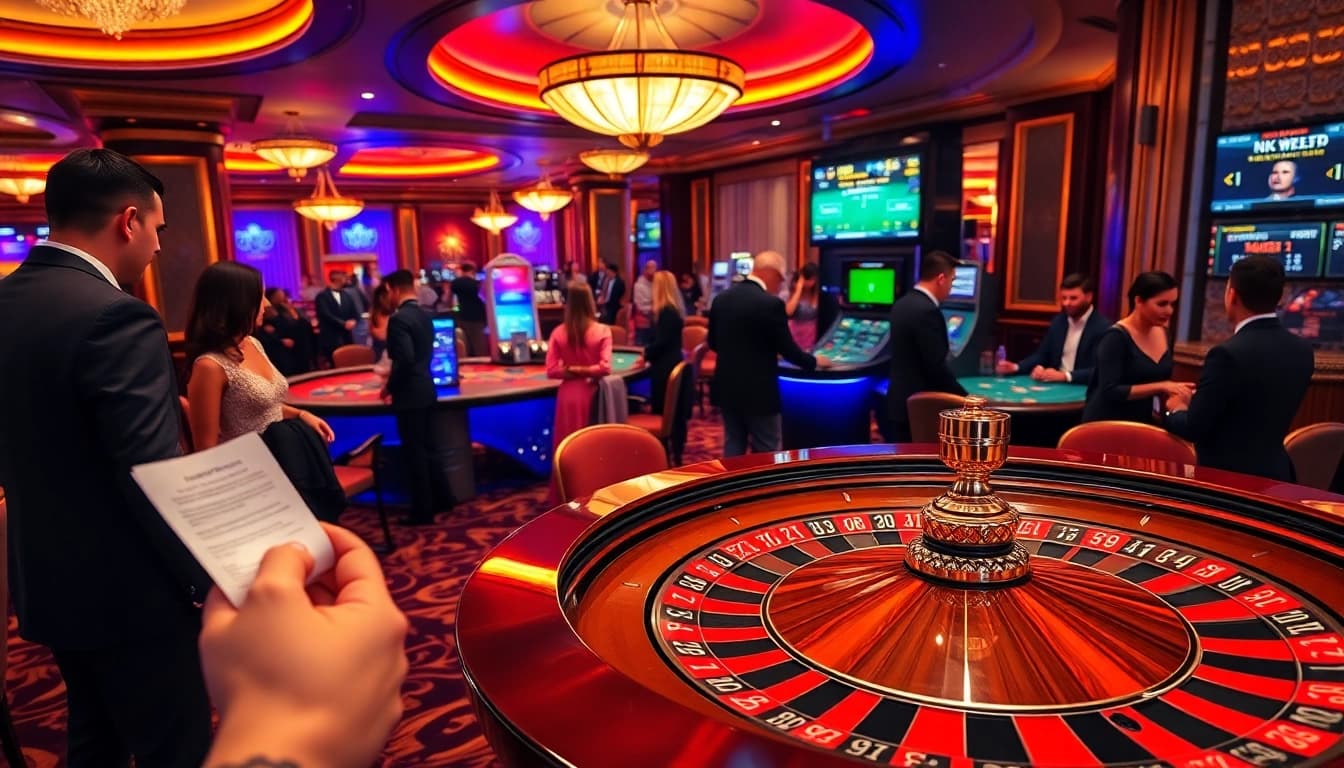 KQBD enthusiasts engaging in thrilling roulette action at a luxurious casino.