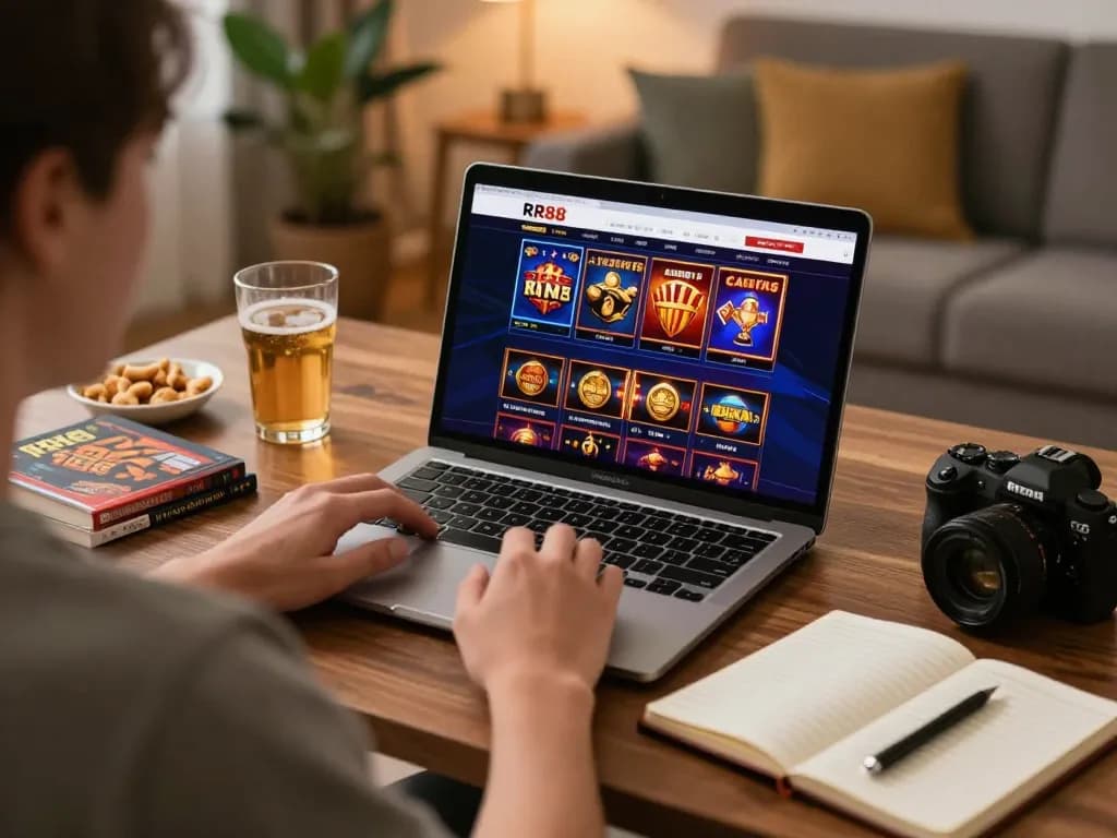Engaging with online slots at https://rr88.navy/ from a cozy home setup, enhancing the gaming experience.