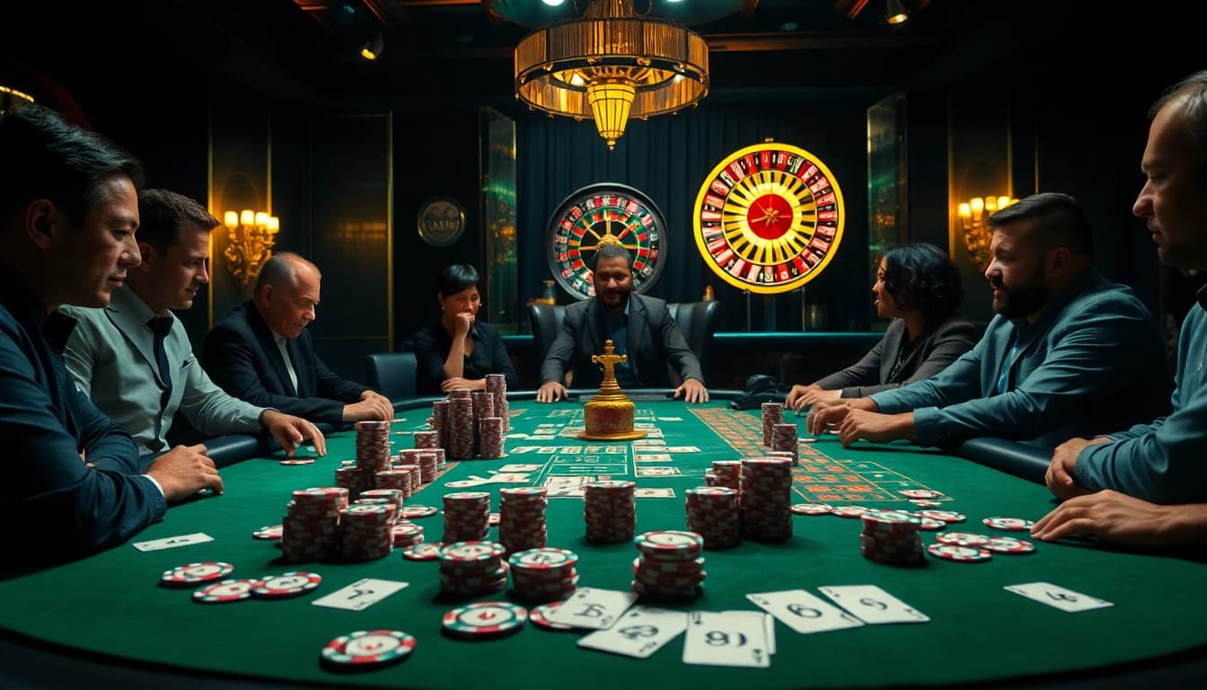 Mainkan link sbobet di meja poker yang penuh semangat dengan lampu dramatis dan pemain yang fokus.