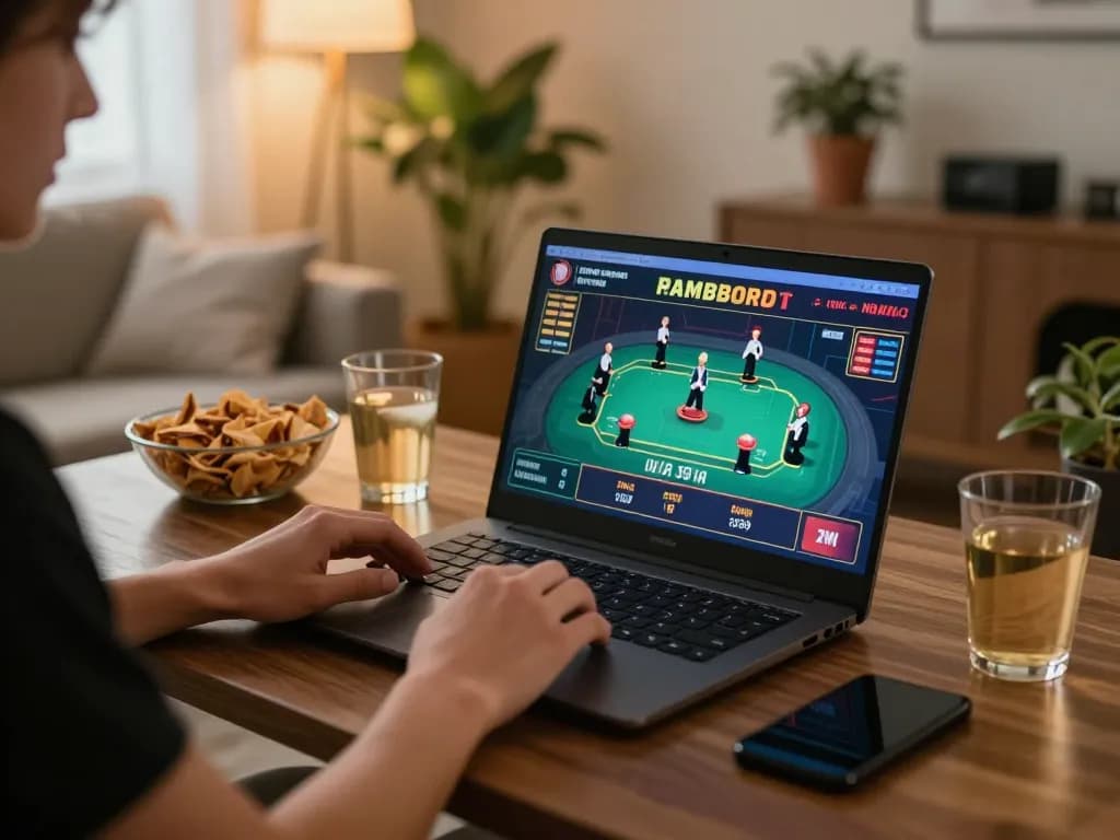 Player enjoying 98win online casino gameplay, showcasing interactive live dealer action in cozy home setup.