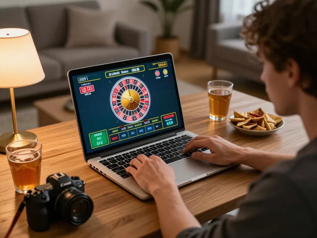 Engaging in live dealer roulette on max88net, showcasing vibrant gameplay and a cozy home setup.