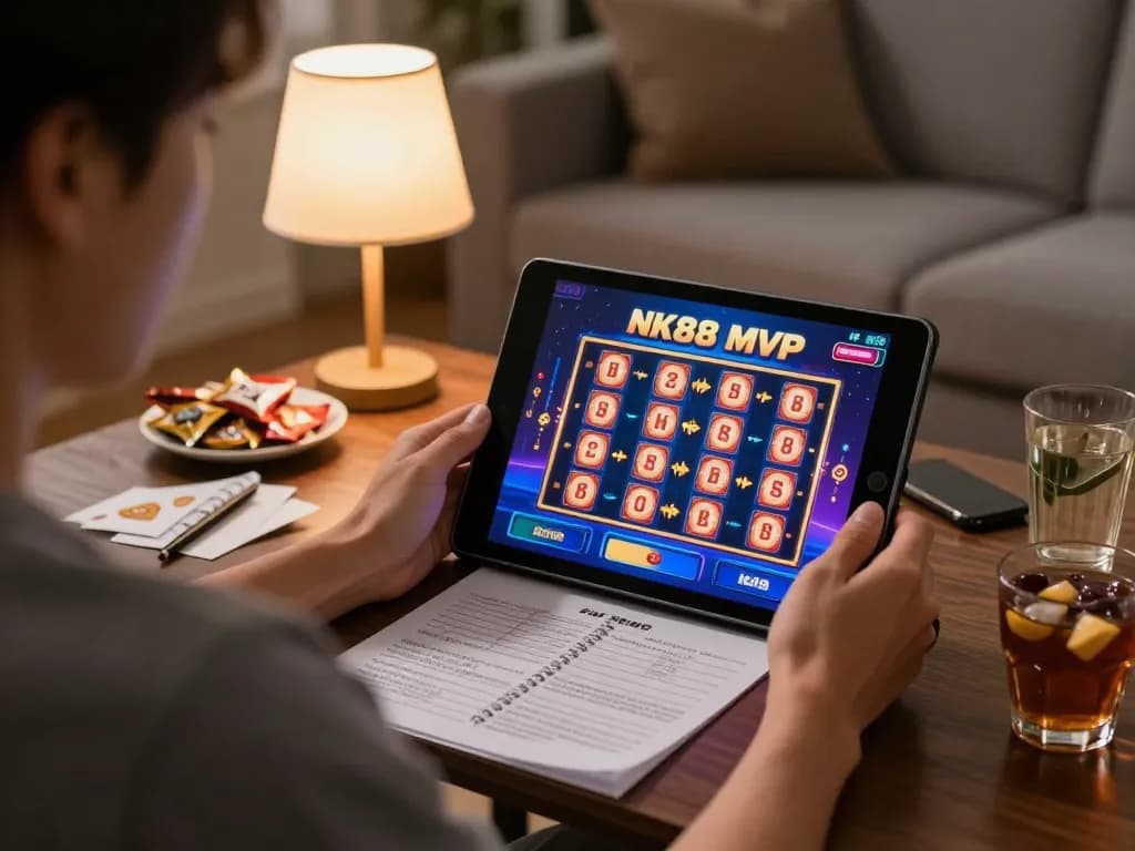 Enjoying online slots on nk88mvp tablet while surrounded by snacks and strategy notes in a cozy atmosphere.