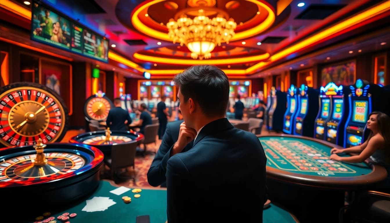 Experience the thrill of Sun win with vibrant casino tables and excited gamblers.
