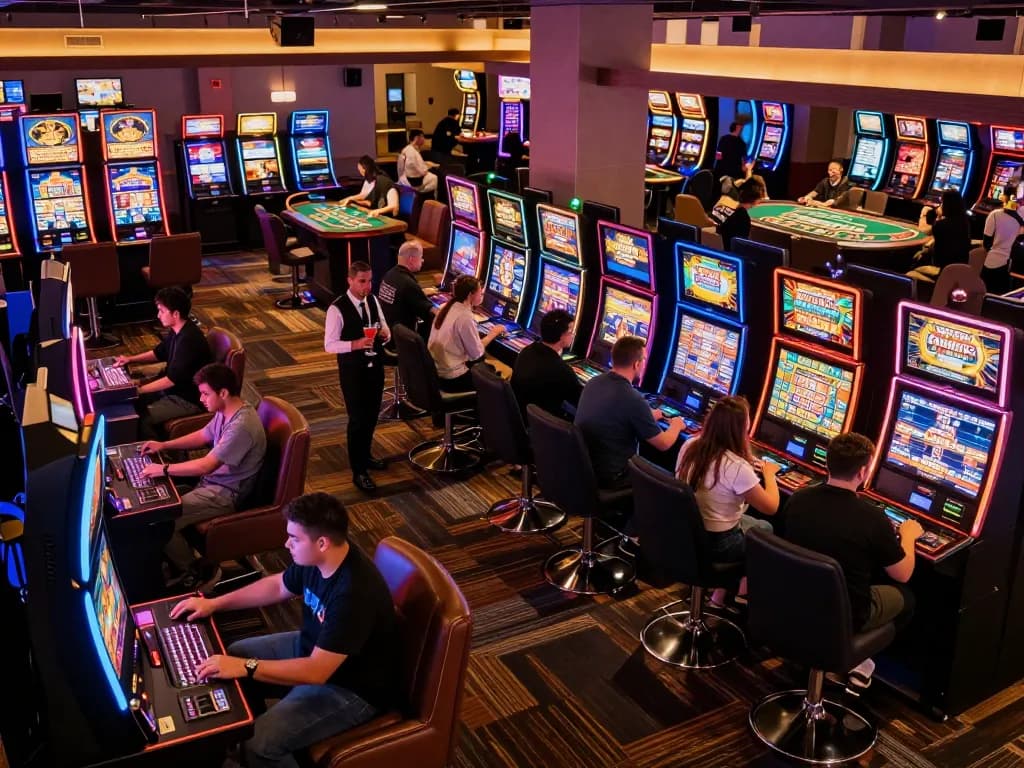 KJC players enjoying a vibrant casino gaming experience with colorful slot machines.