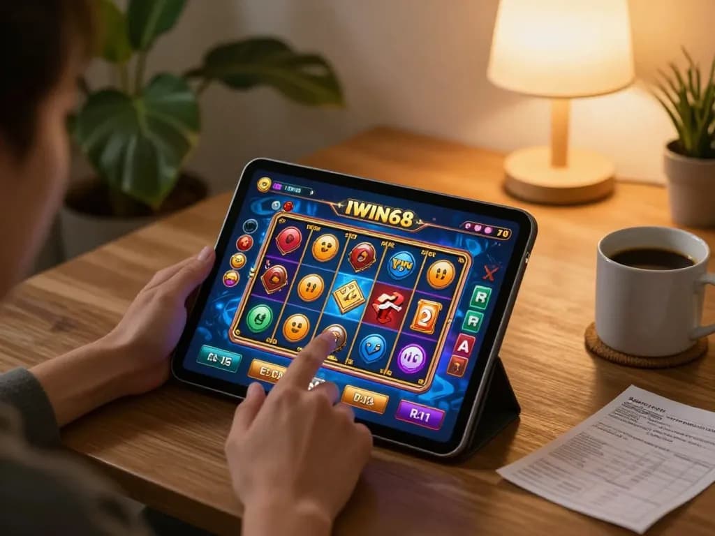 IWIN68 online gaming session showcasing a player engaged with vibrant slot game interface