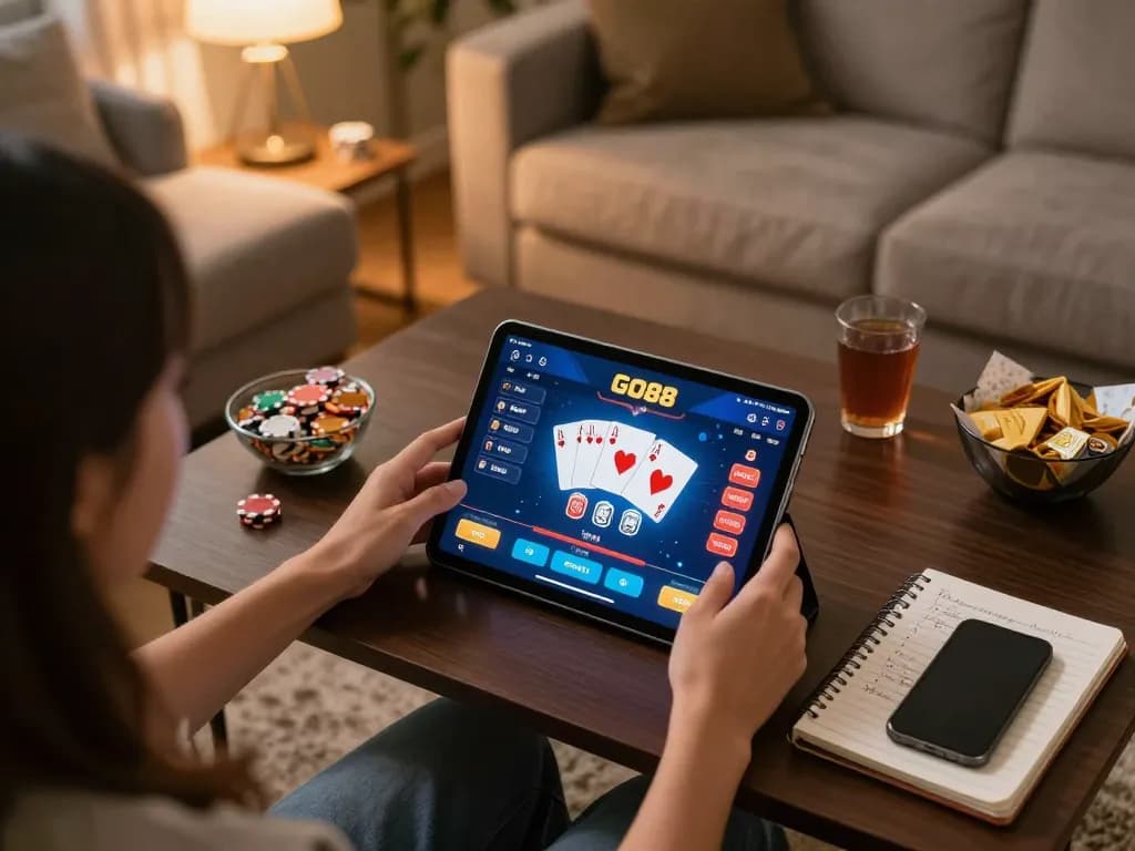 Player enjoying GO88 poker online at home, tablet displaying action as they strategize.