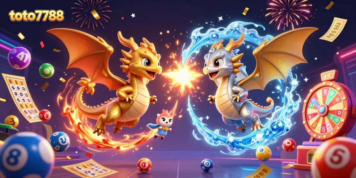 Toto7788 brings together colorful lottery elements like bouncing balls and prize wheels amidst fantastical dragons.