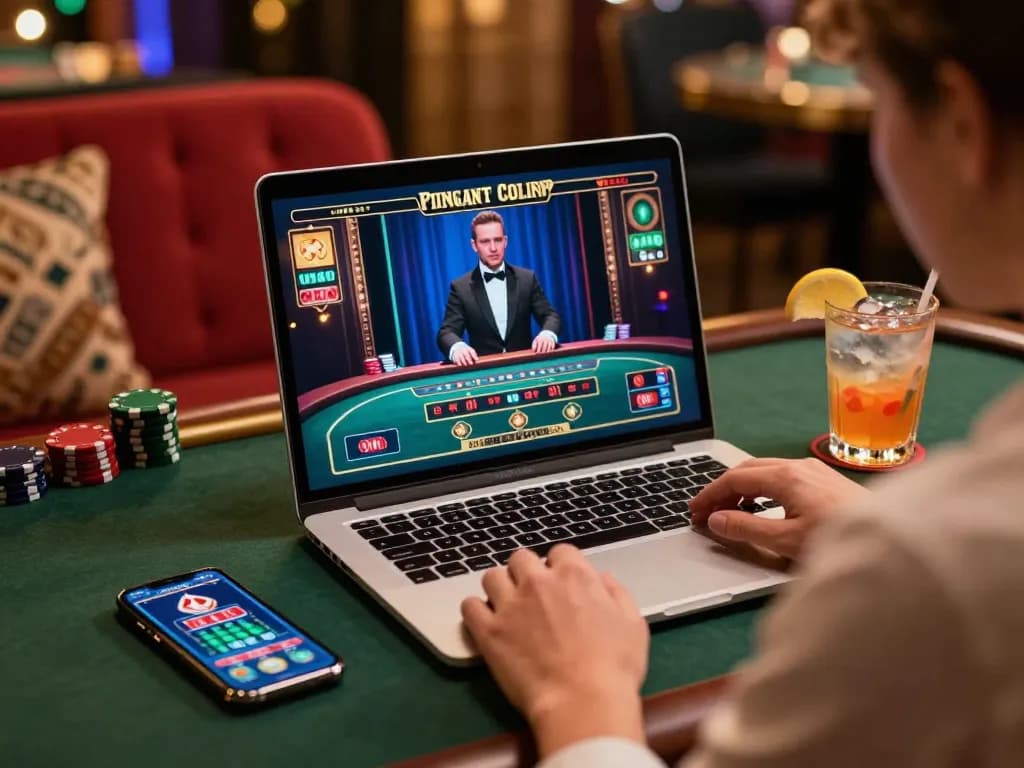 Gamers enjoy a strategic session of soc88 with live dealer casino gameplay displayed on laptop amidst warm home decor.