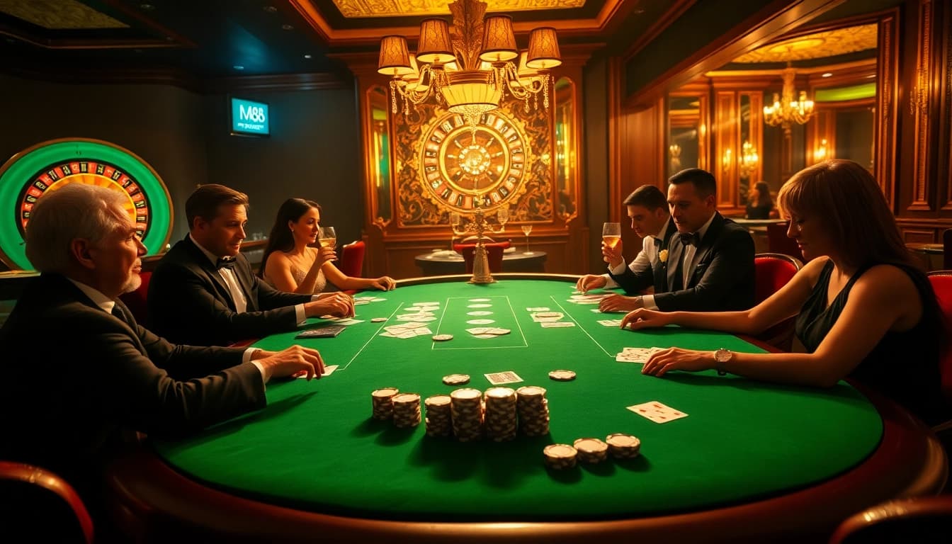 Participants engage intensely at a luxurious poker table in mint88-themed casino excitement.