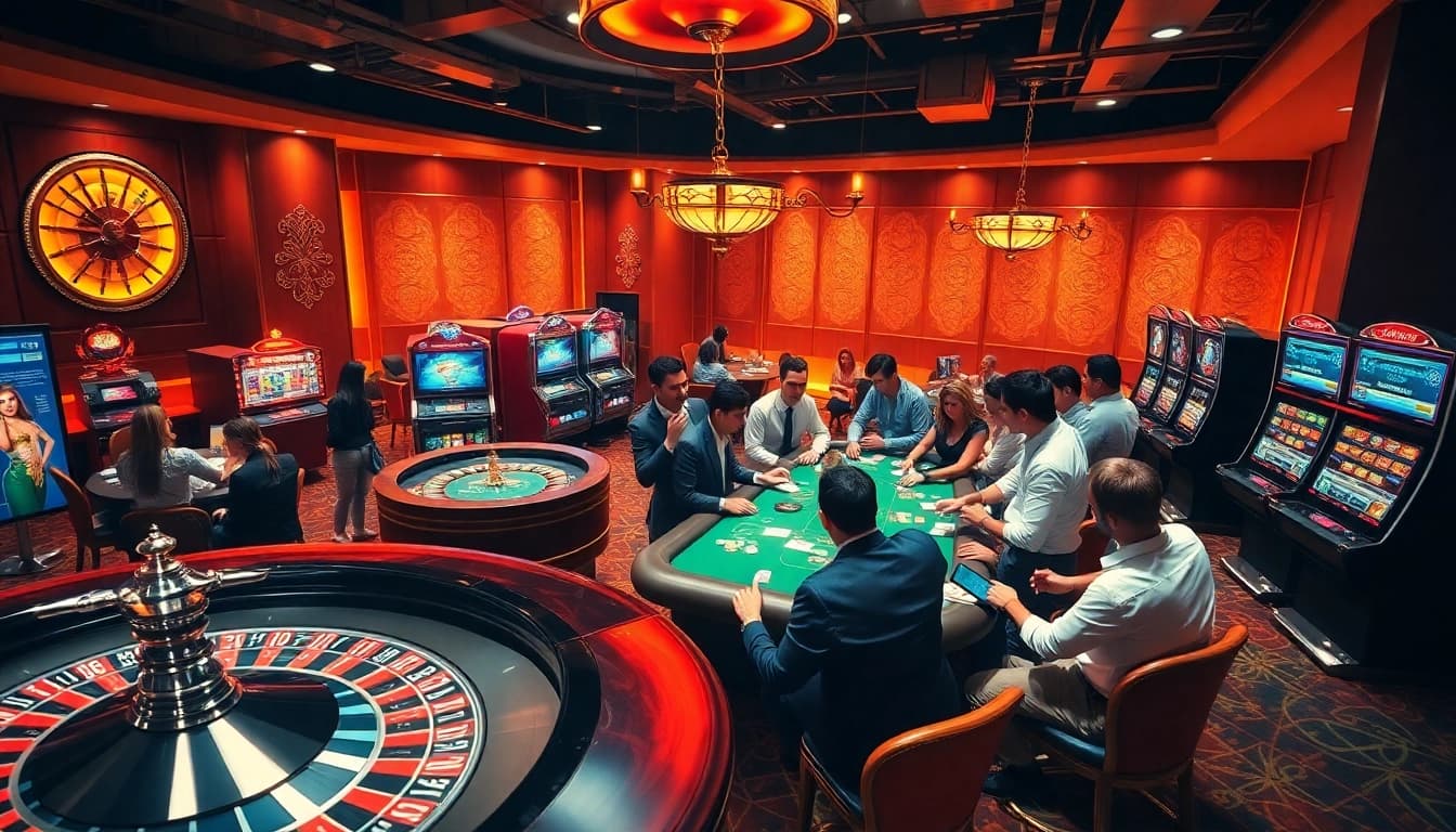 Fun79 players enjoying an exciting casino experience at various gaming tables.
