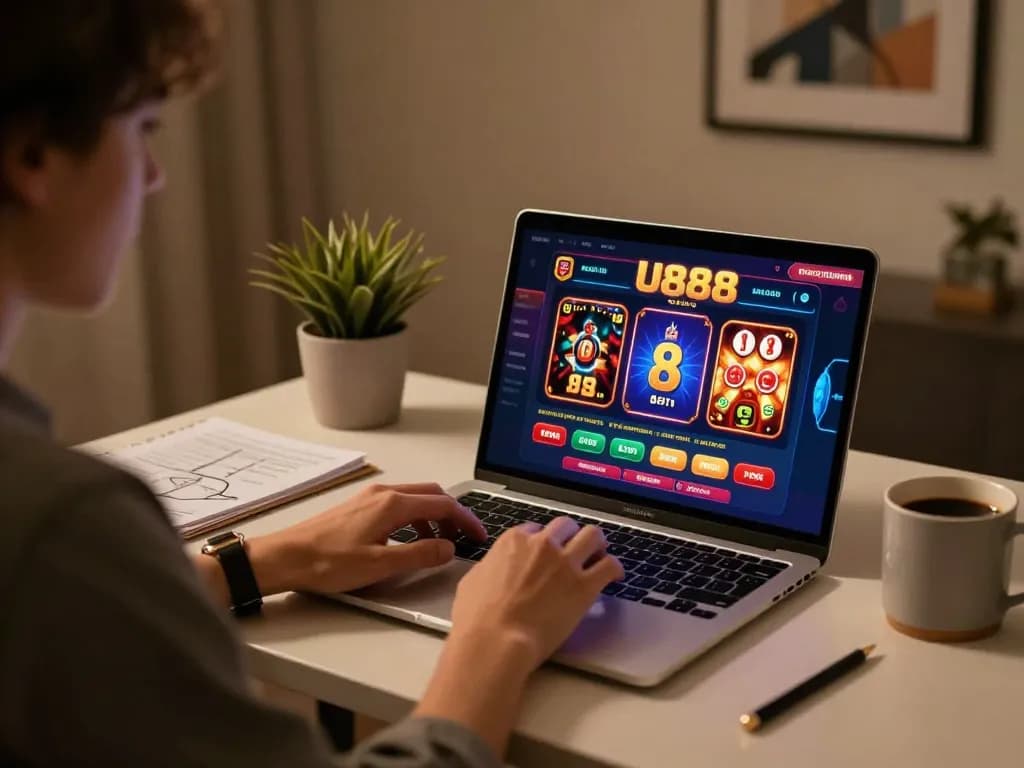 Player engaging with U888 online casino on laptop, showcasing vibrant games in a cozy setup.