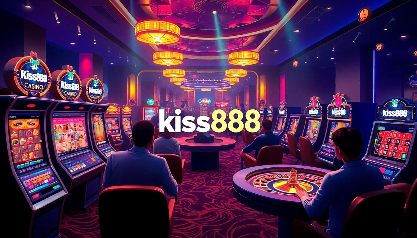 Kiss888 players engaging with vibrant slot machines in a luxurious online gaming environment.