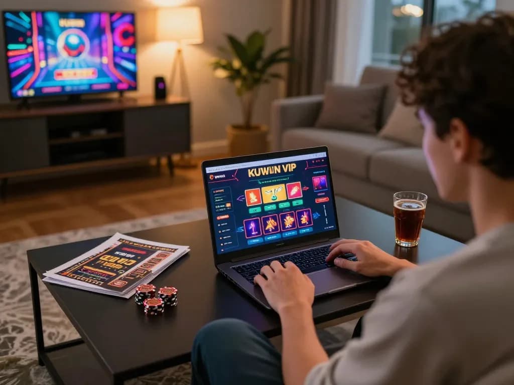 Kuwin VIP user engaging with online casino gameplay on laptop in a cozy setting.