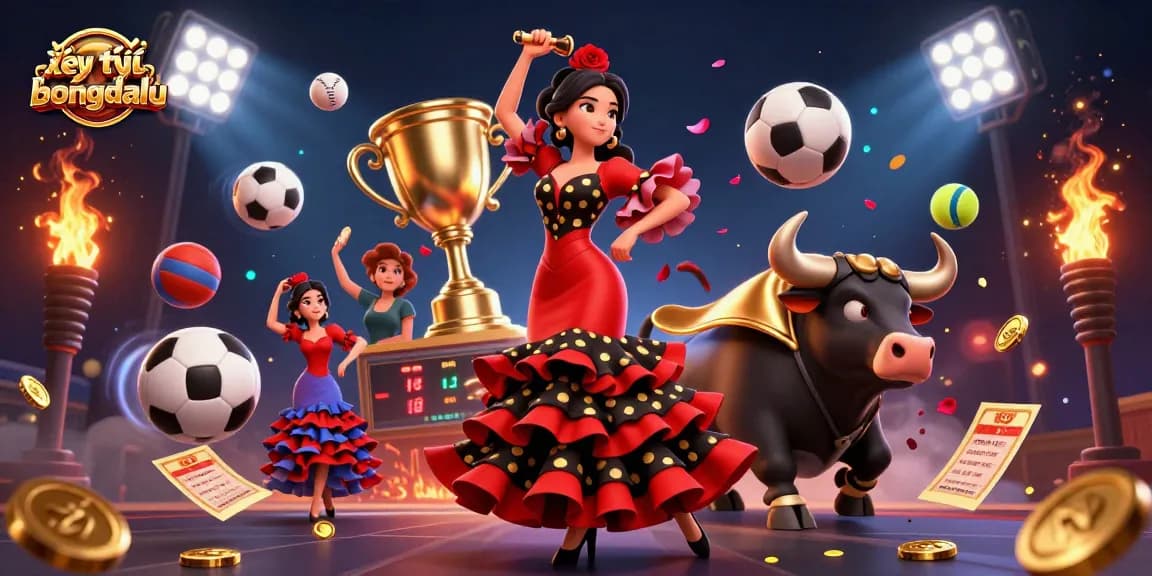 Xem tỷ số bongdalu effectively with an animated bull and a flamenco dancer in a vibrant sports setting.