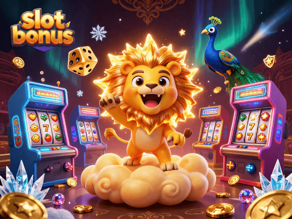 Engage with slot bonus excitement through a breathtaking 3D casino illustration filled with colorful gaming elements.