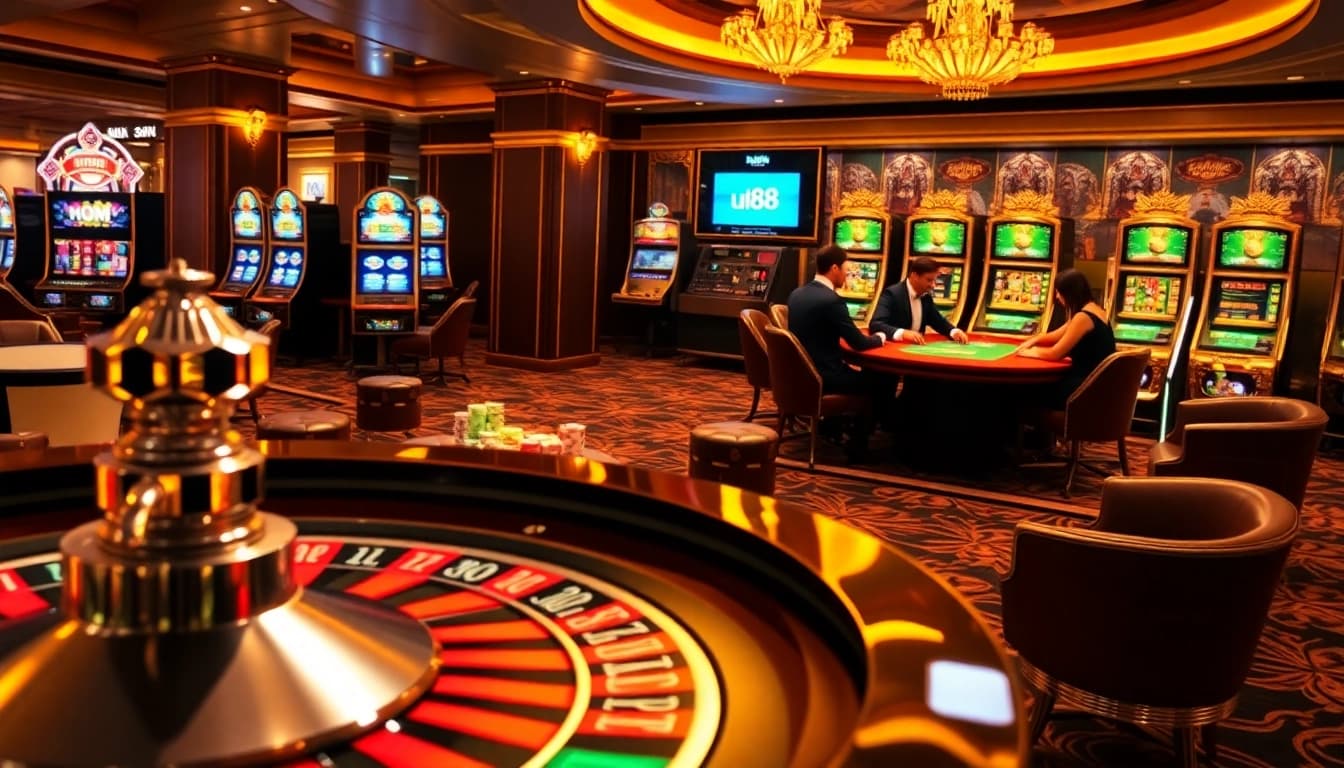 Experience excitement at UU88 with vibrant casino gameplay, poker chips, and a luxurious roulette wheel.