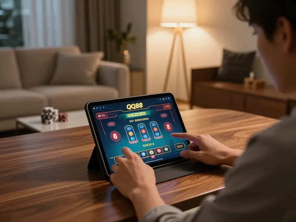 Engaging in QQ88 online poker gameplay on a tablet at home.