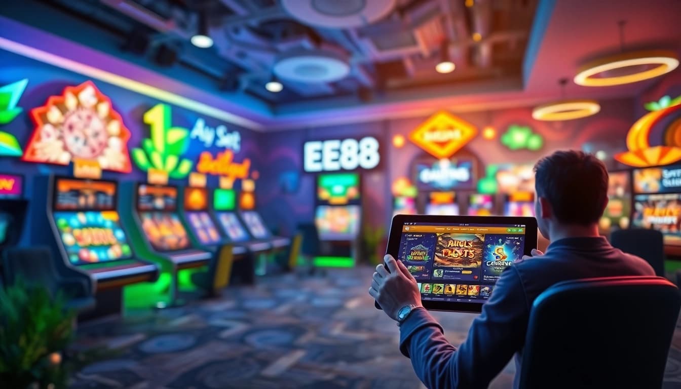 EE88 immersive 3D gaming interface showing vibrant online games.