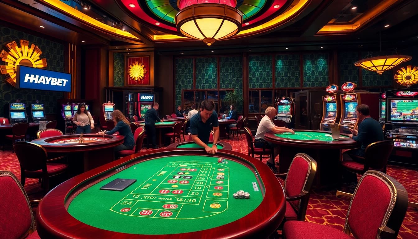 Experience HAYBET's vibrant casino atmosphere with players engaging at luxurious gaming tables.