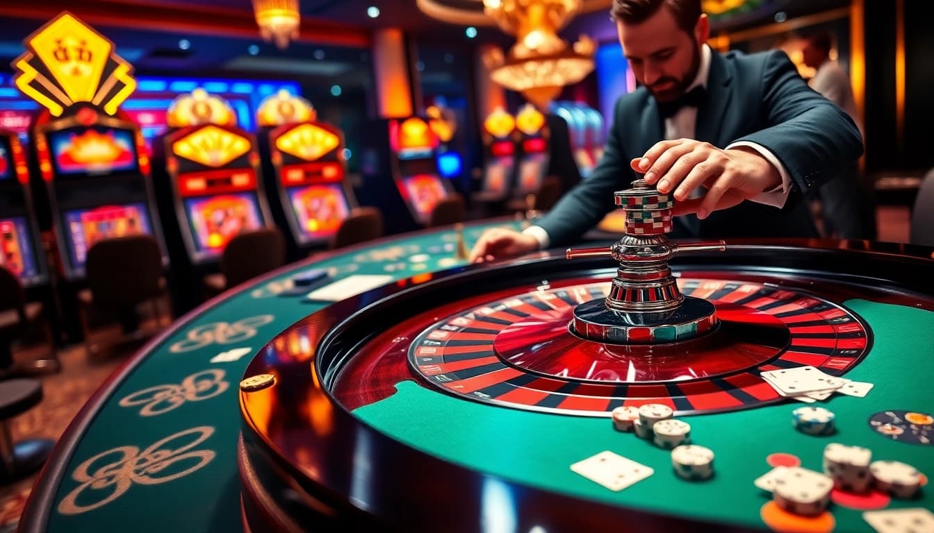 Engaged players betting at a high-stakes 7M casino roulette table under dramatic lighting.