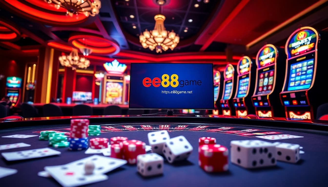 A dynamic casino scene showcasing lively gameplay at https://ee88game.net/ with vibrant roulette and poker elements.