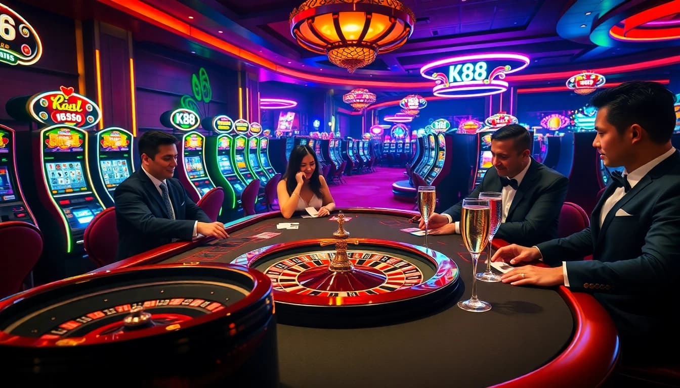 Players enjoying a thrilling K88 poker game at a luxurious casino.