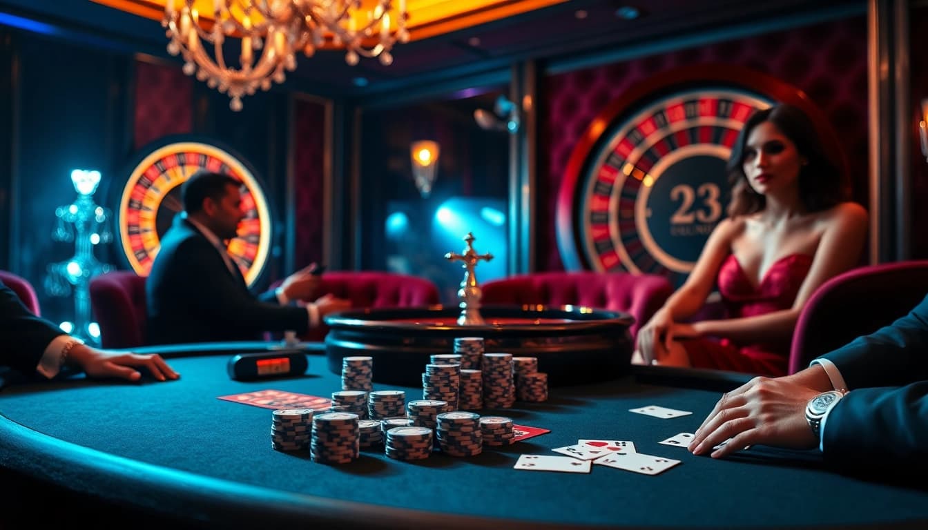 Kuwin offers an exhilarating poker experience at a luxurious casino table with vibrant ambiance.