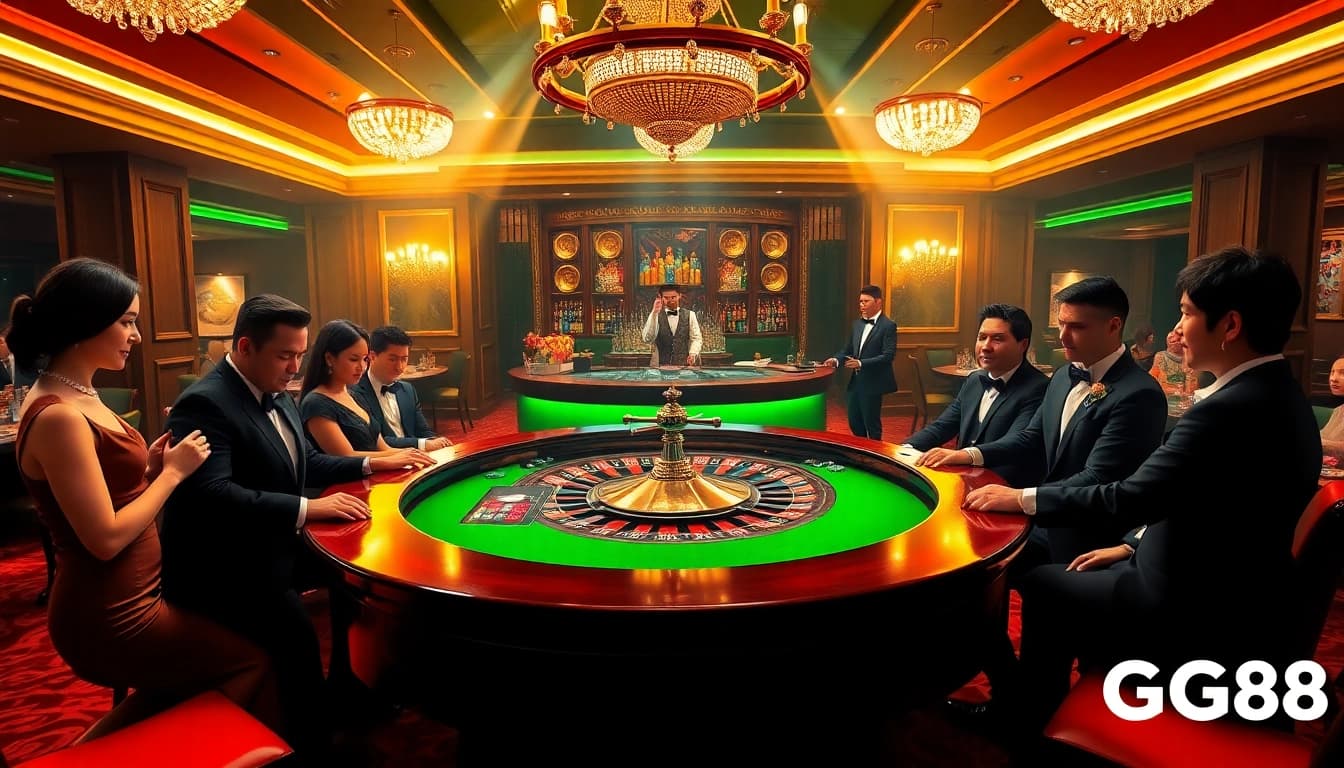 Players enjoy a thrilling roulette game at GG88 casino, surrounded by luxury and excitement.