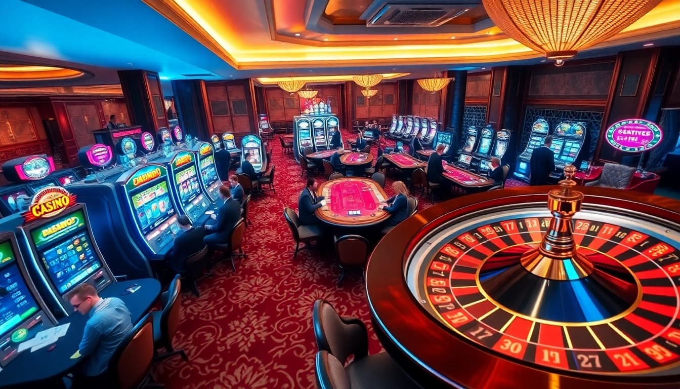 Experience the excitement of online gambling at https://bem88.com with elegant casino tables and vibrant slot machines.