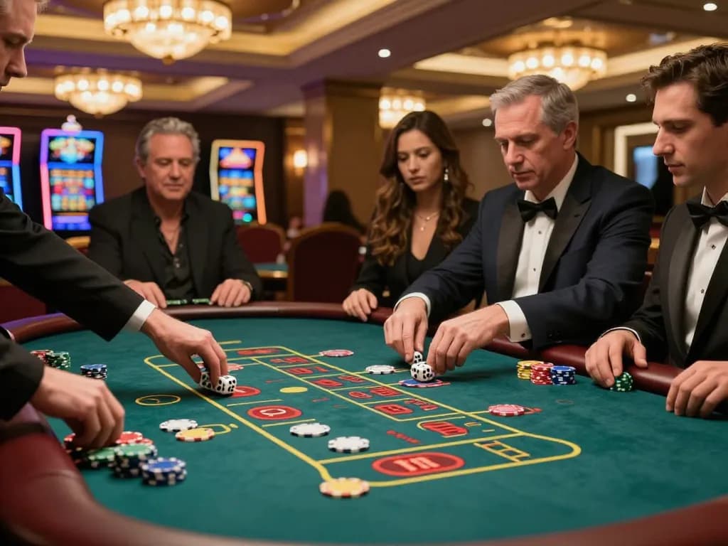 Players engaging in Judi Dadu at a live casino Sicbo table, vibrant chips highlight the thrill.