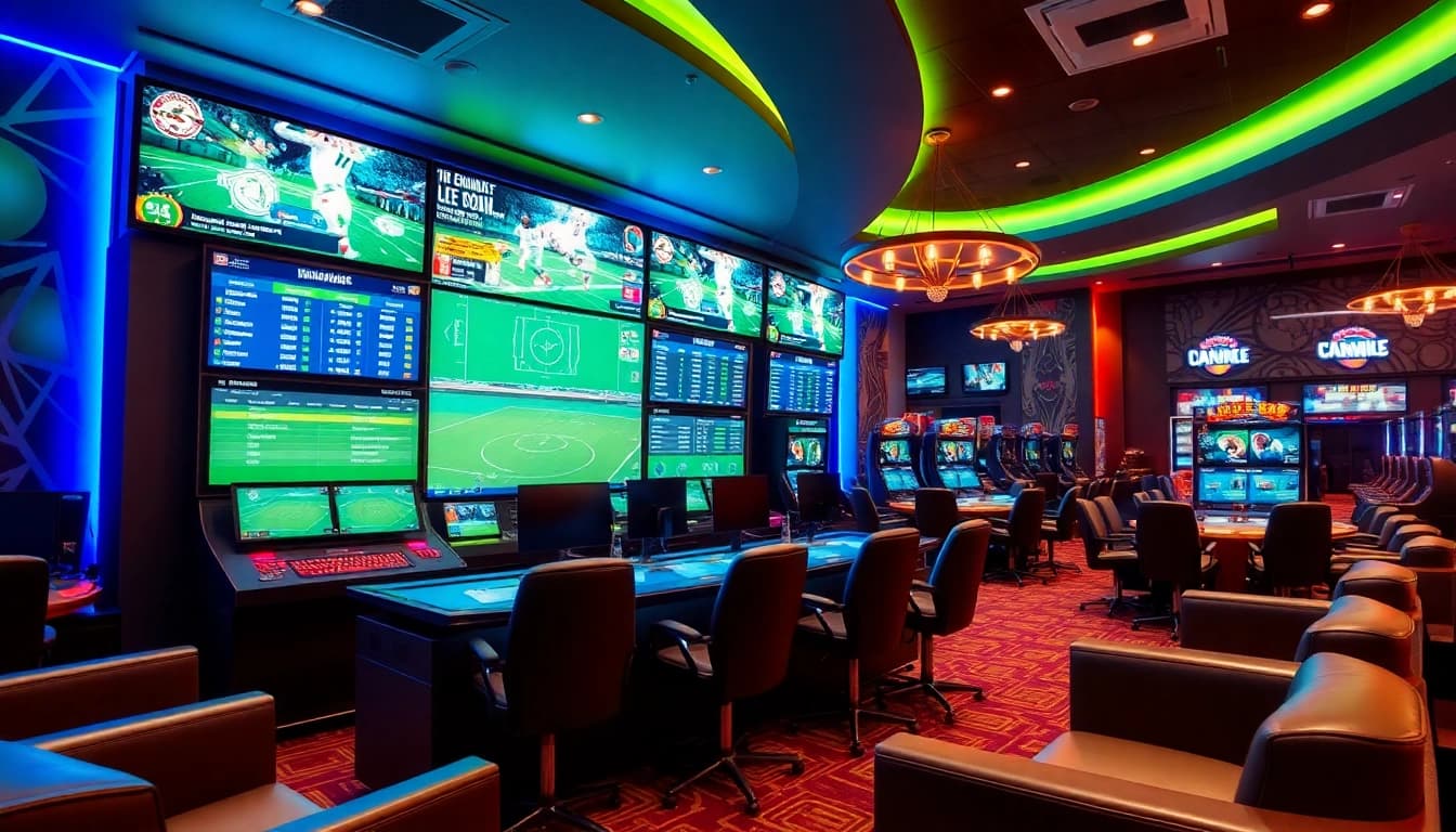 Engaging Sportsbetting scene with high-tech gaming stations and vibrant atmosphere.