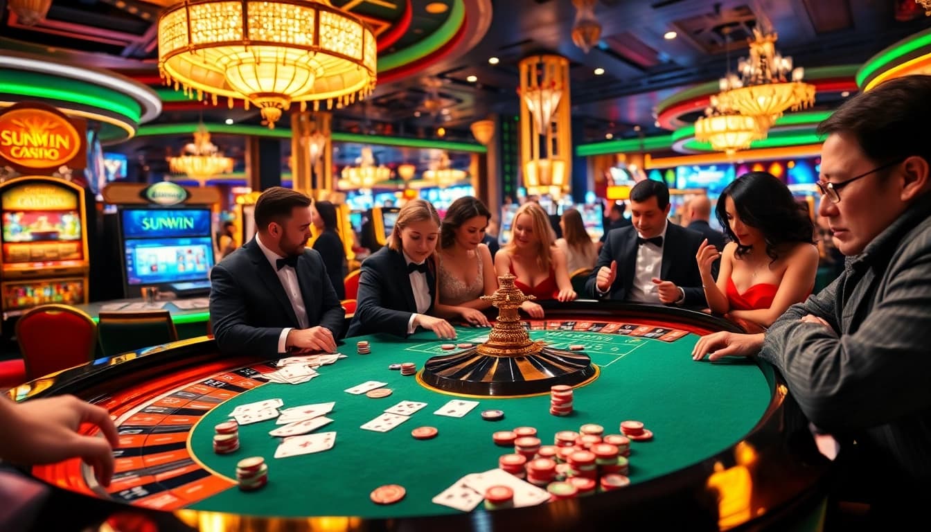 Players betting on roulette at a luxury casino, inspired by sunwin gaming themes.