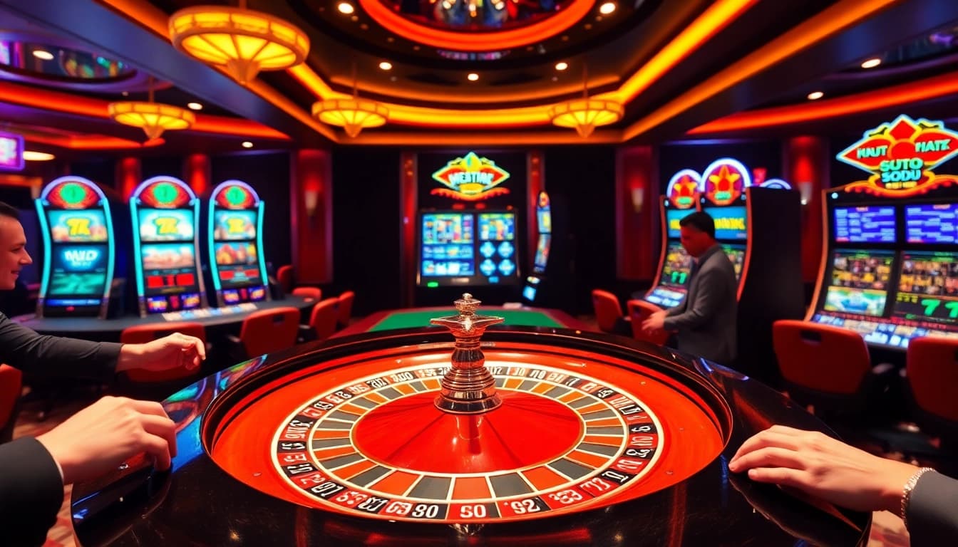 SODO Casino scene showcasing lively roulette and poker action, vibrant colors, and engaged players.